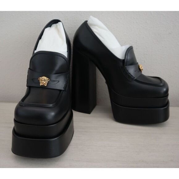 VERSACE WMN Sz 40 US 8.5 Black Mocassino Vitellino Leather High Heel Pumps - Picture 3 of 16